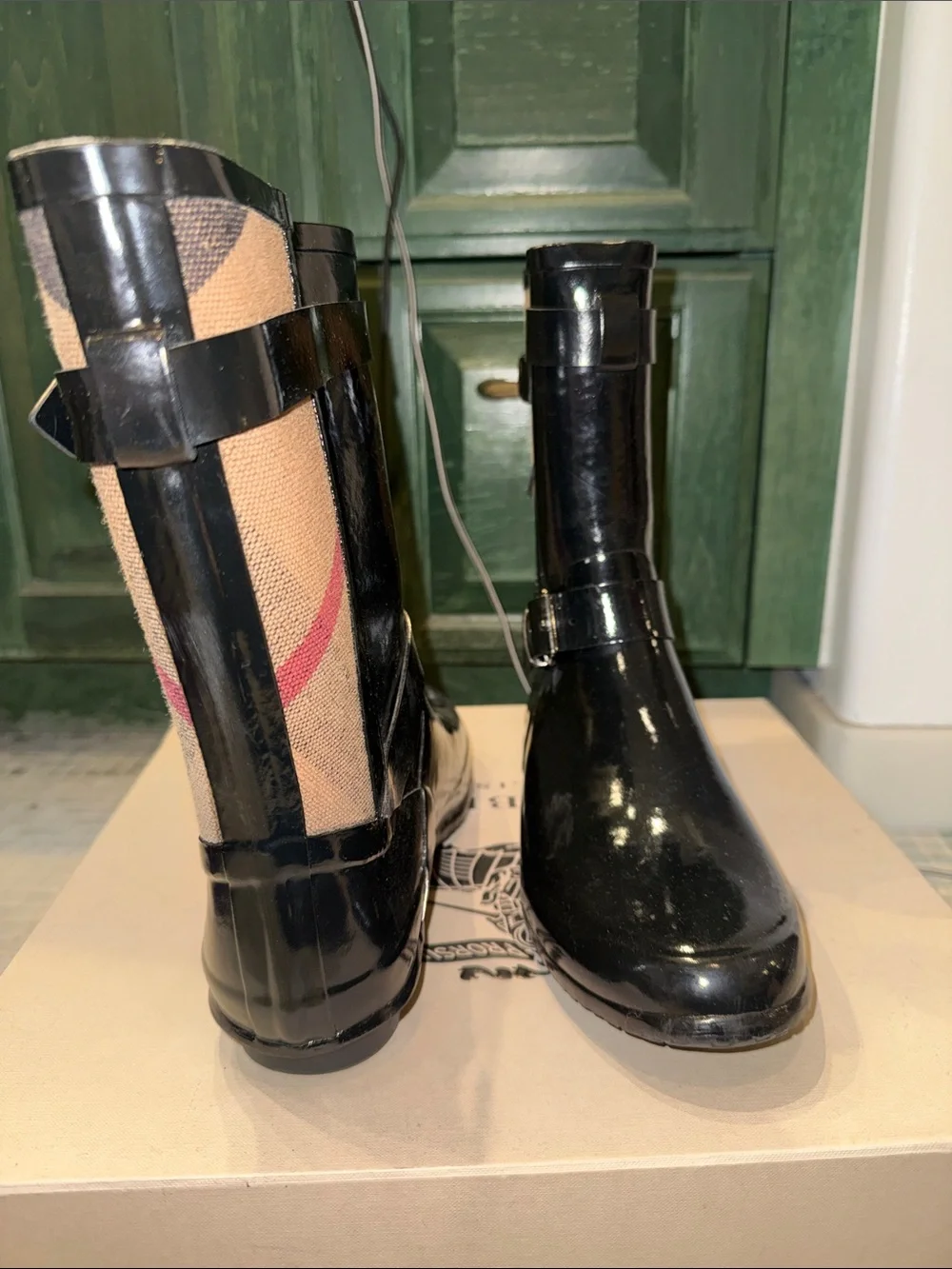Burberry Black & Tan Patent Check Rain Boots with Buckles